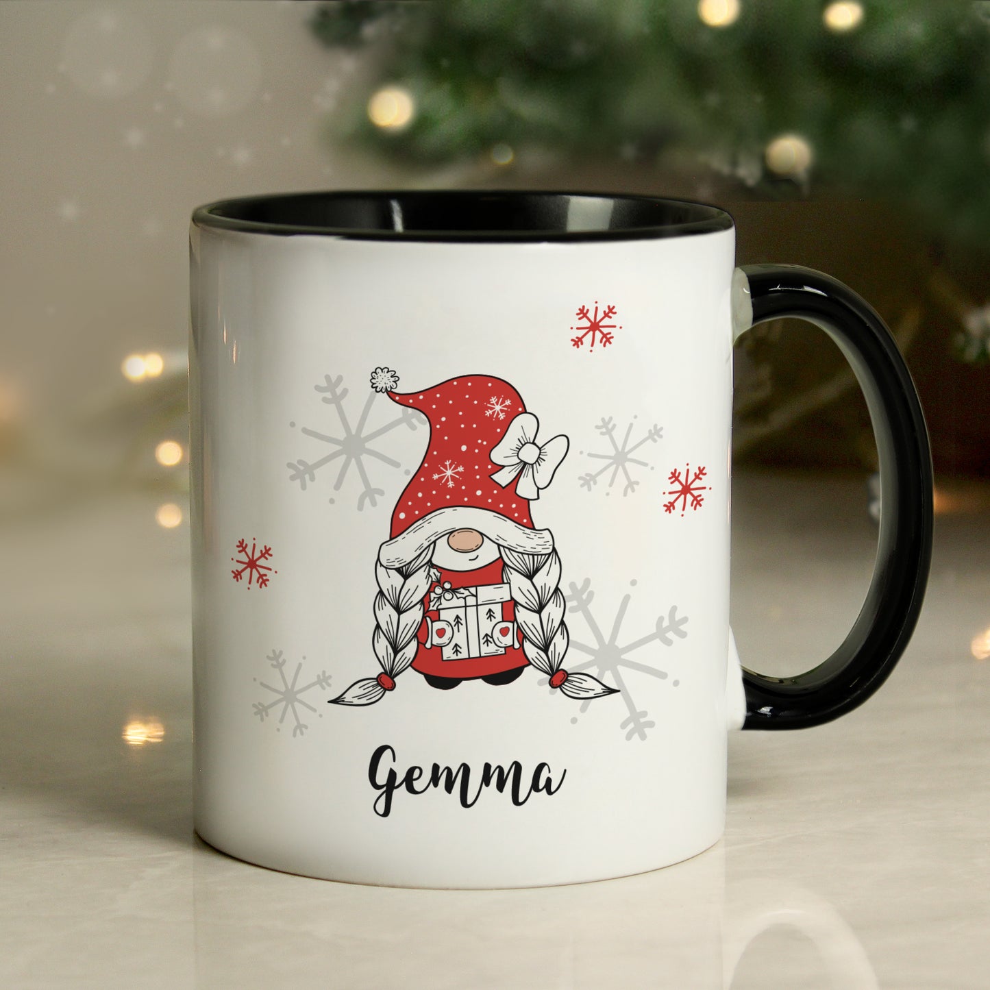 Personalised Gonk Family Black Handled Christmas Mug - Girl - MK&JD Gifts