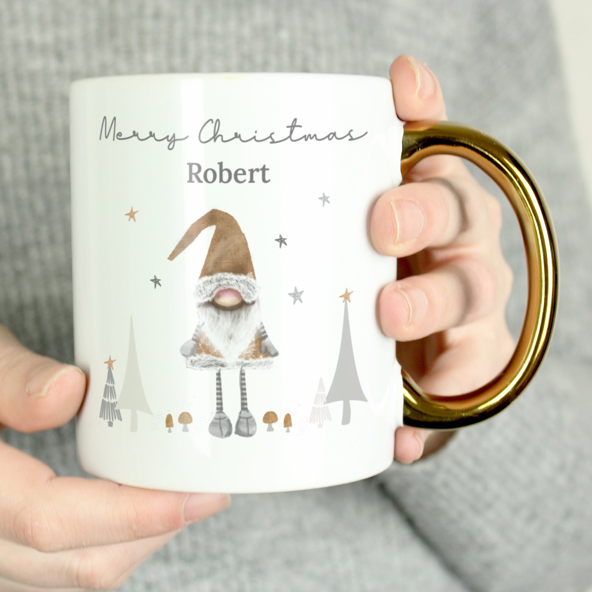 Personalised Christmas Gonk Gold Handed Mug - MK&JD Gifts