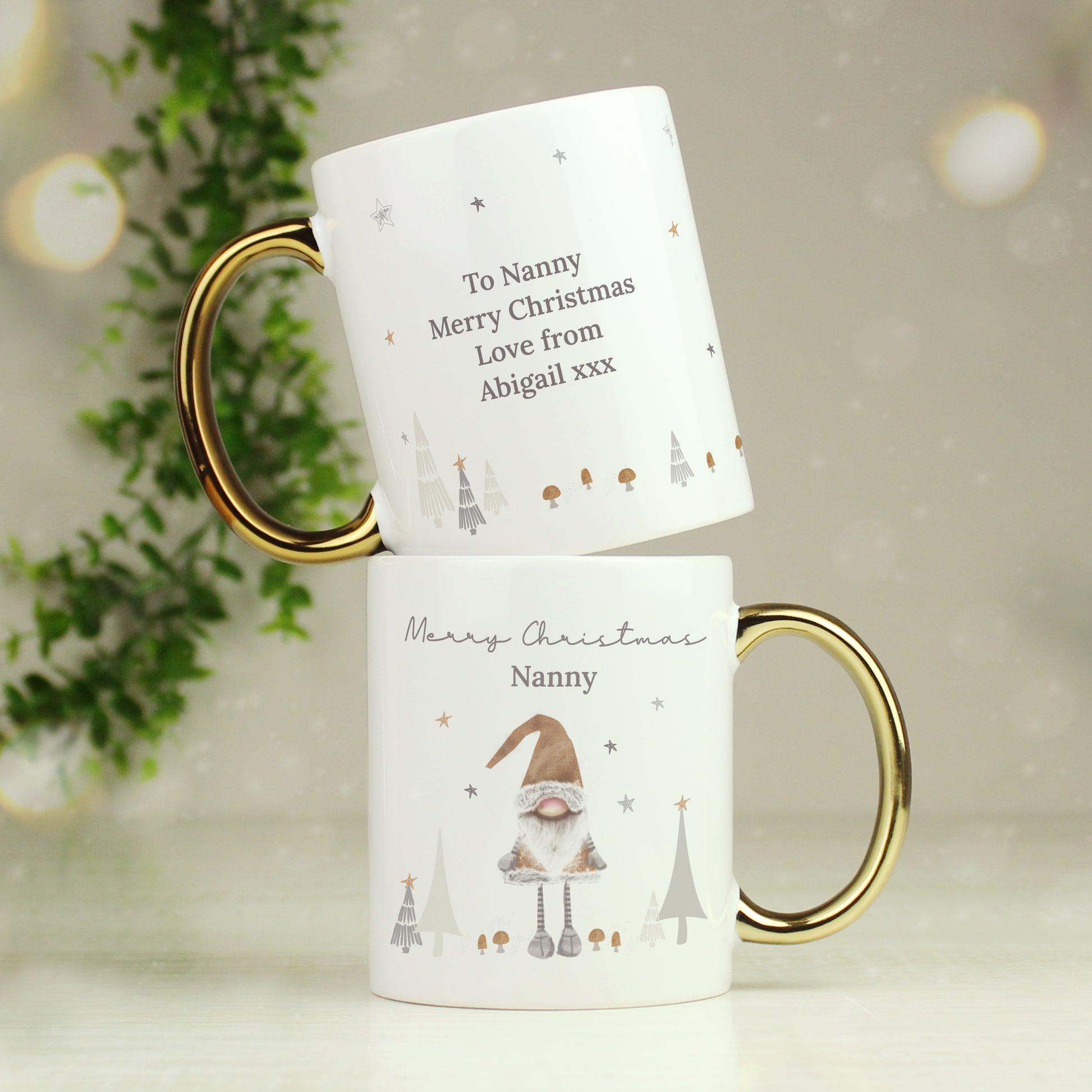 Personalised Christmas Gonk Gold Handed Mug - MK&JD Gifts