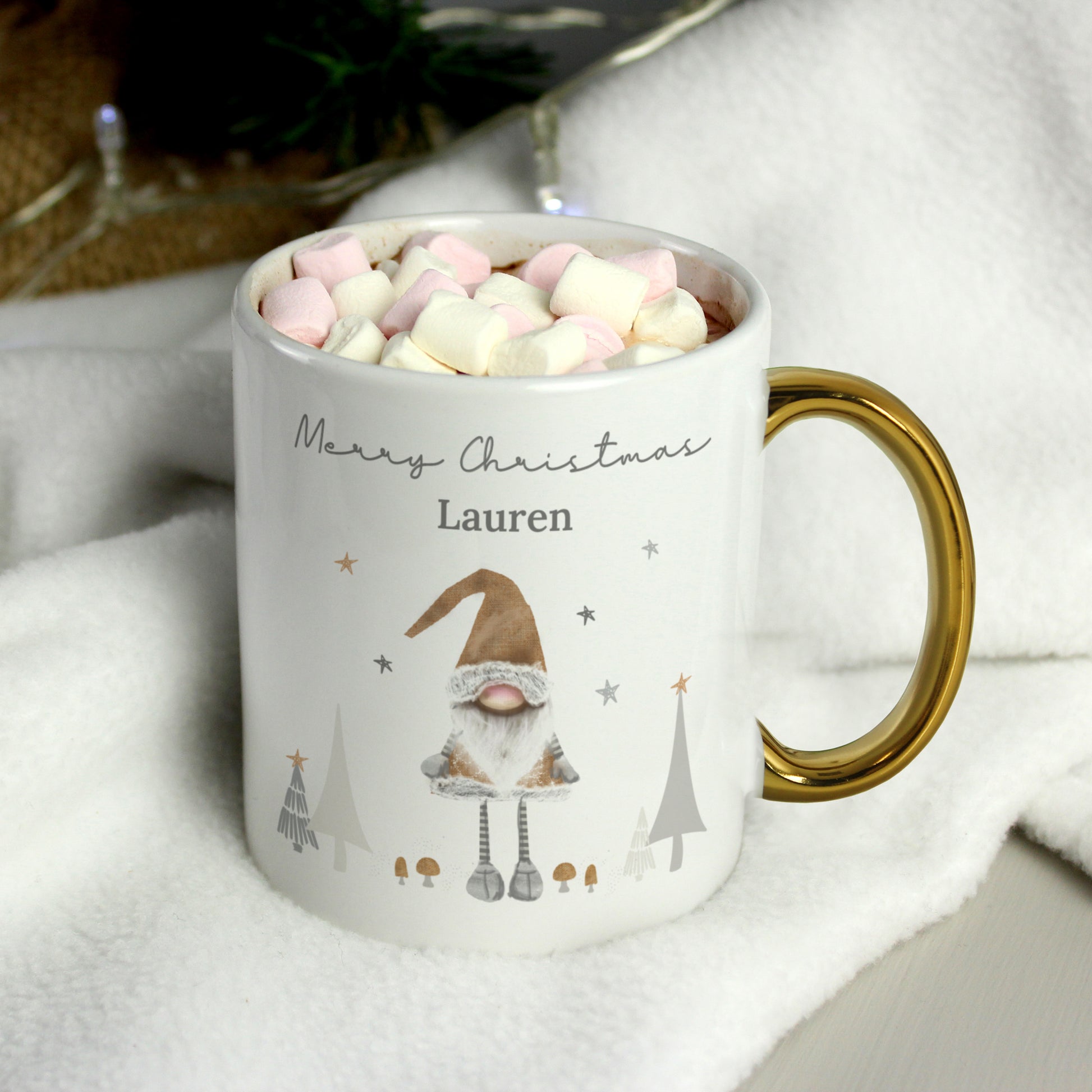 Personalised Christmas Gonk Gold Handed Mug - MK&JD Gifts