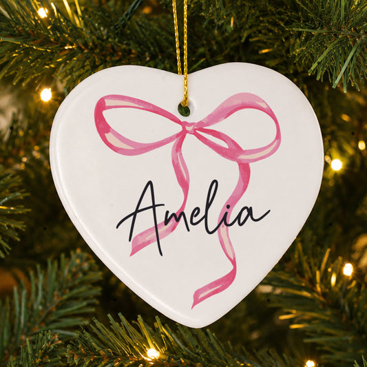 Personalised Pink Bow Ceramic Heart Decoration | MK&JD Gifts