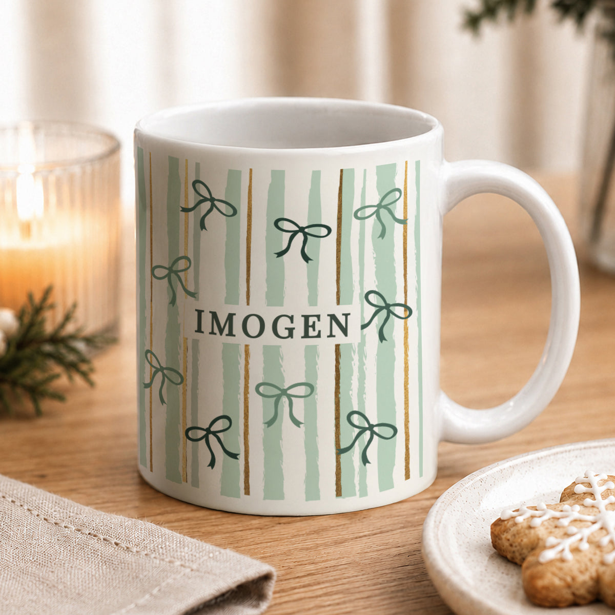 Personalised Green Stripe Bow Mug | MK&JD Gifts