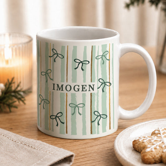 Personalised Green Stripe Bow Mug | MK&JD Gifts