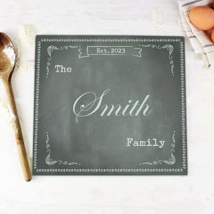 Personalised Family Chalk Glass Chopping Board/Worktop Saver - MK&JD Gifts