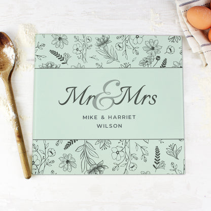 Personalised Mr & Mrs Botanical Glass Chopping Board/Worktop Saver - MK&JD Gifts