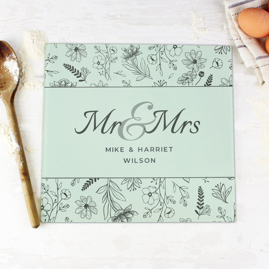 Personalised Mr & Mrs Botanical Glass Chopping Board/Worktop Saver - MK&JD Gifts