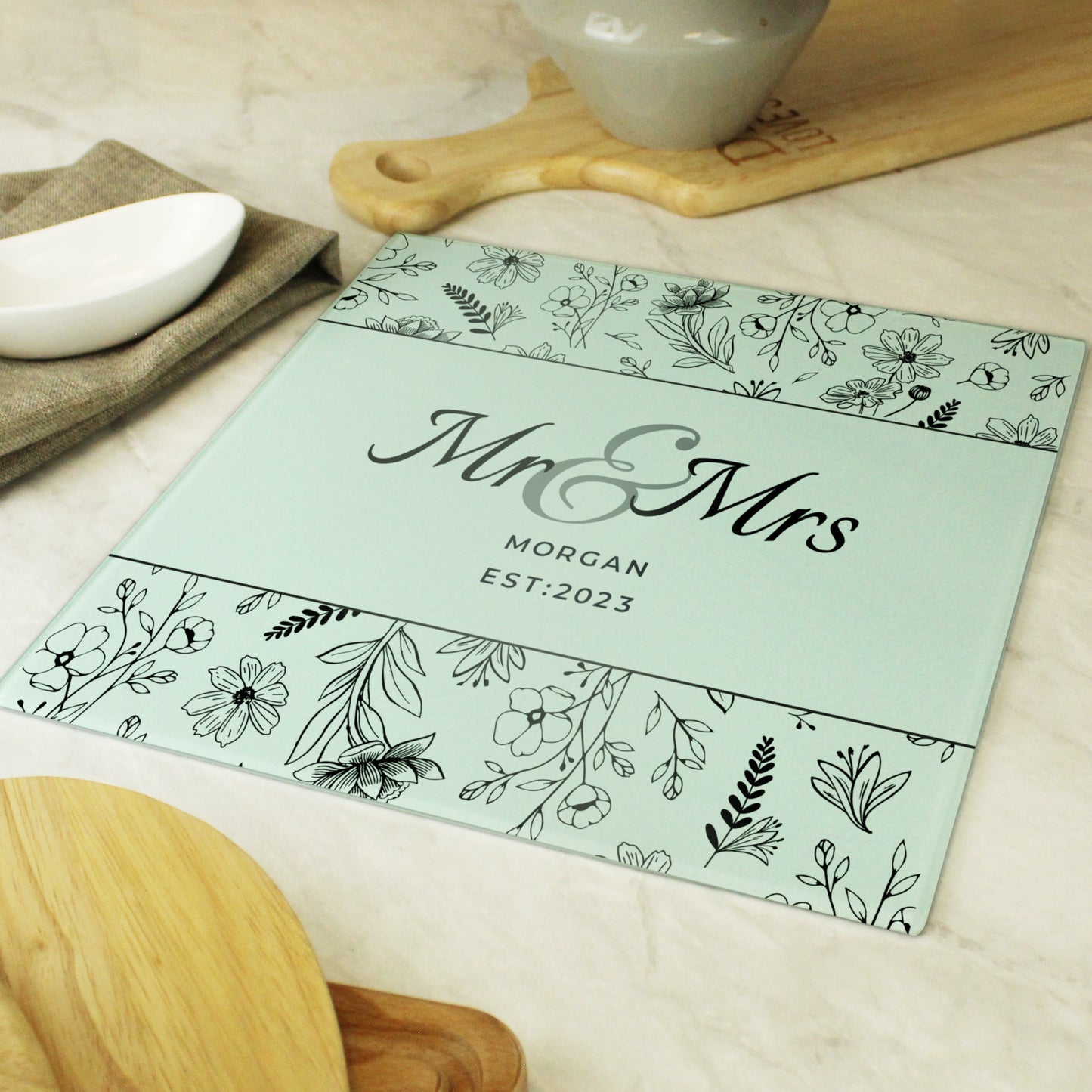 Personalised Mr & Mrs Botanical Glass Chopping Board/Worktop Saver - MK&JD Gifts