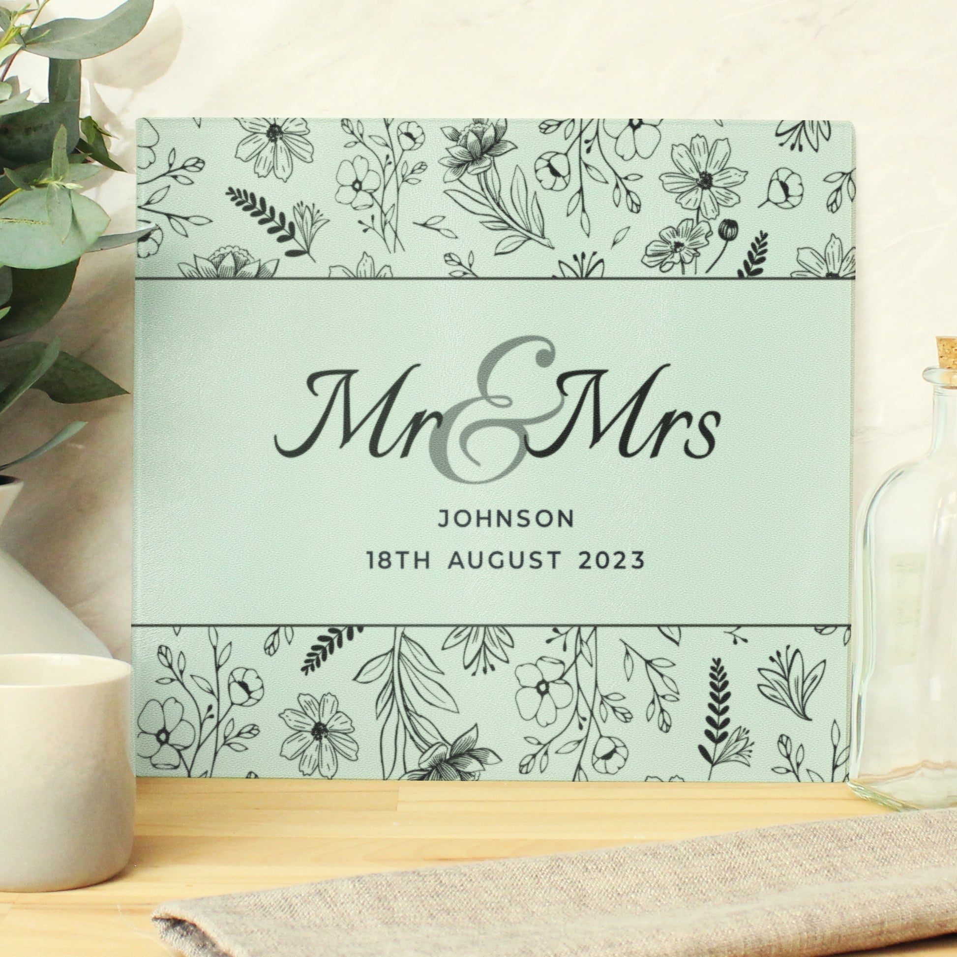 Personalised Mr & Mrs Botanical Glass Chopping Board/Worktop Saver - MK&JD Gifts