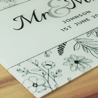 Personalised Mr & Mrs Botanical Glass Chopping Board/Worktop Saver - MK&JD Gifts