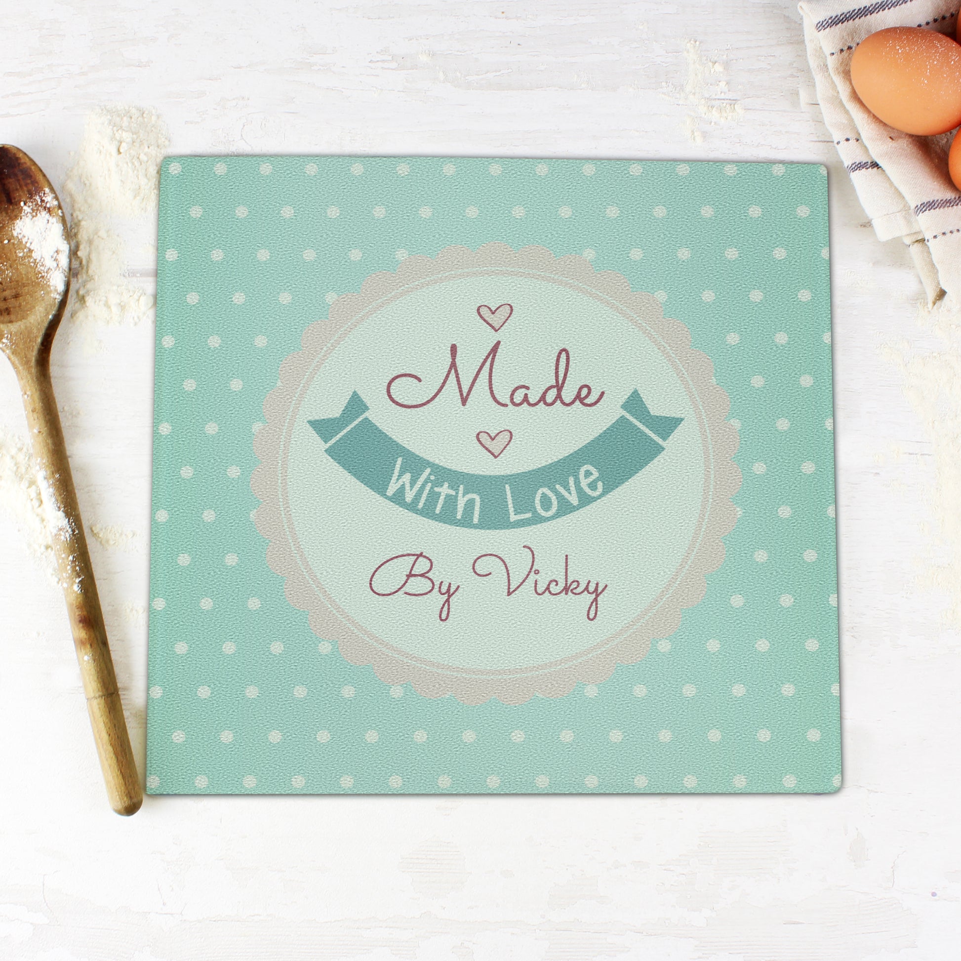 Personalised Made with Love Glass Chopping Board/Worktop Saver - MK&JD Gifts
