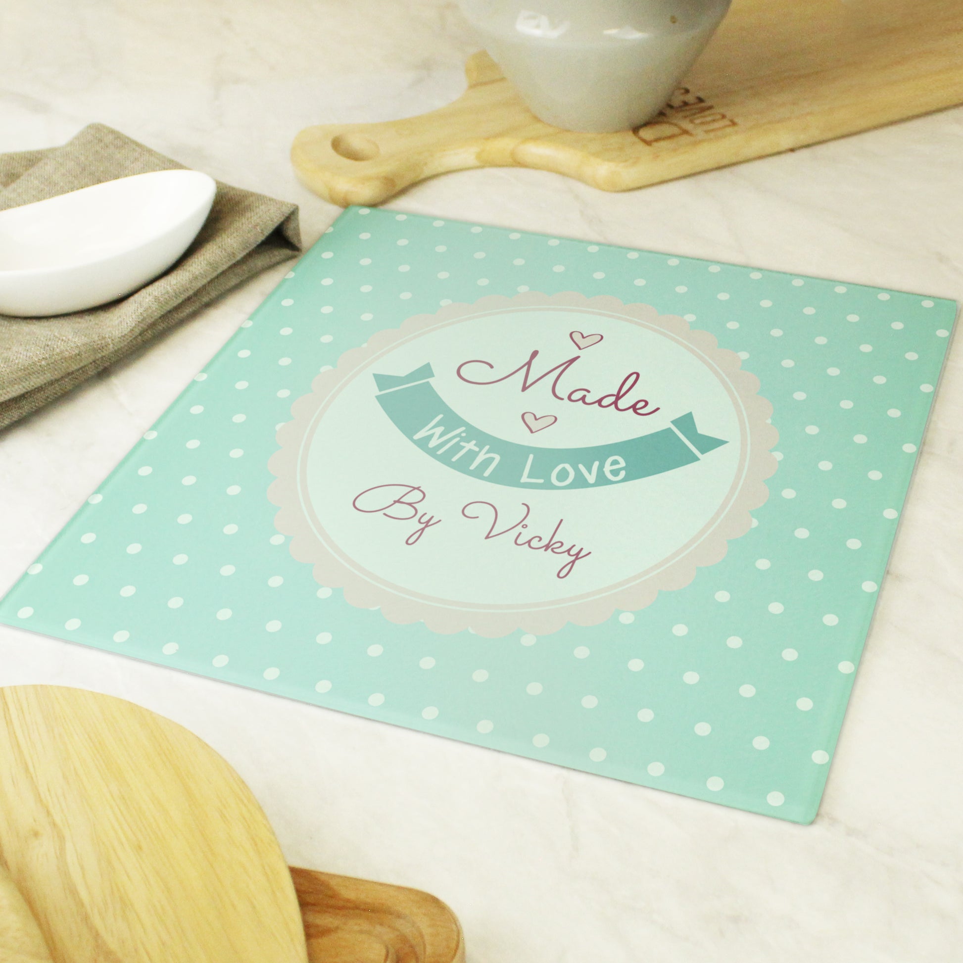 Personalised Made with Love Glass Chopping Board/Worktop Saver - MK&JD Gifts