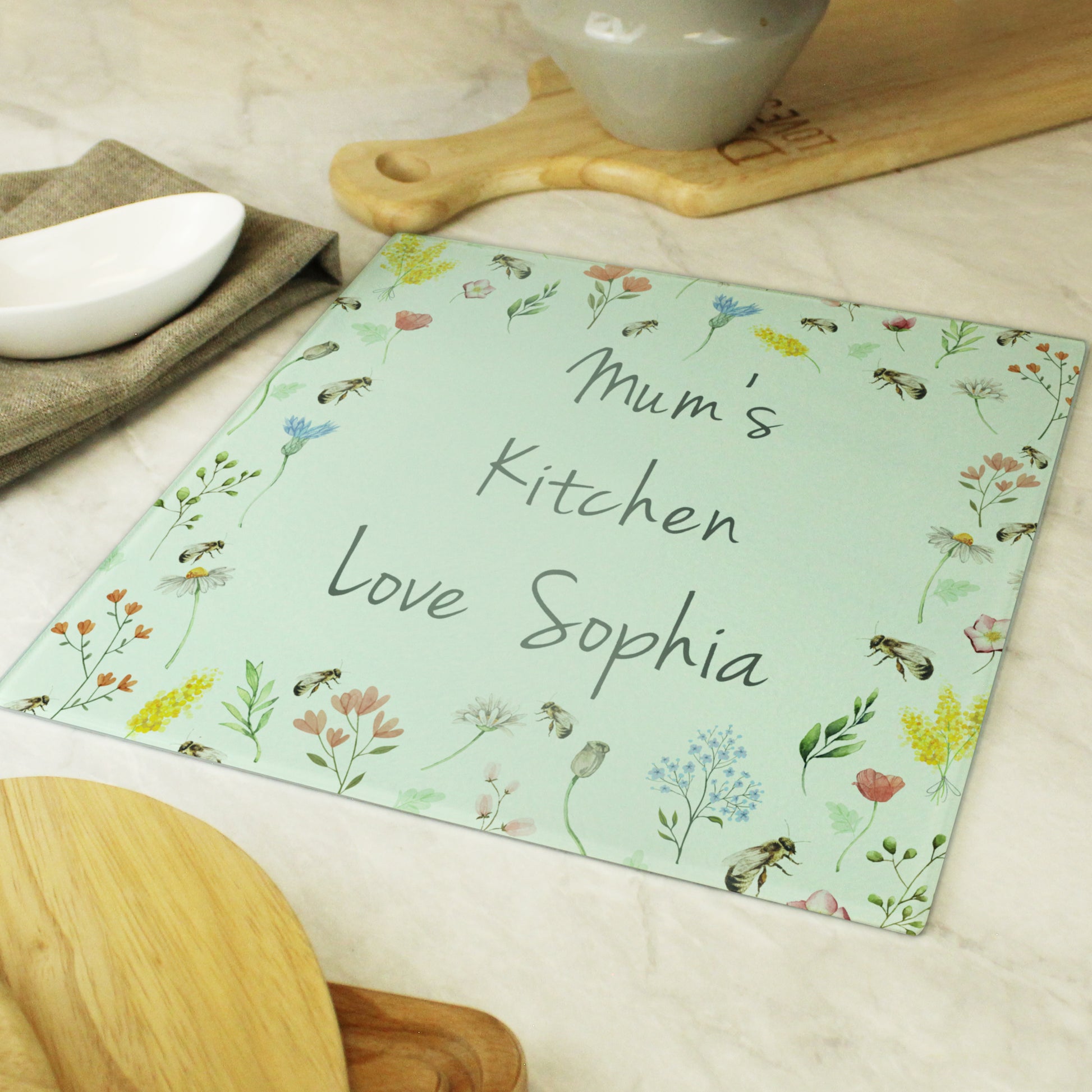 Personalised Busy Bee Glass Chopping Board/Worktop Saver - MK&JD Gifts