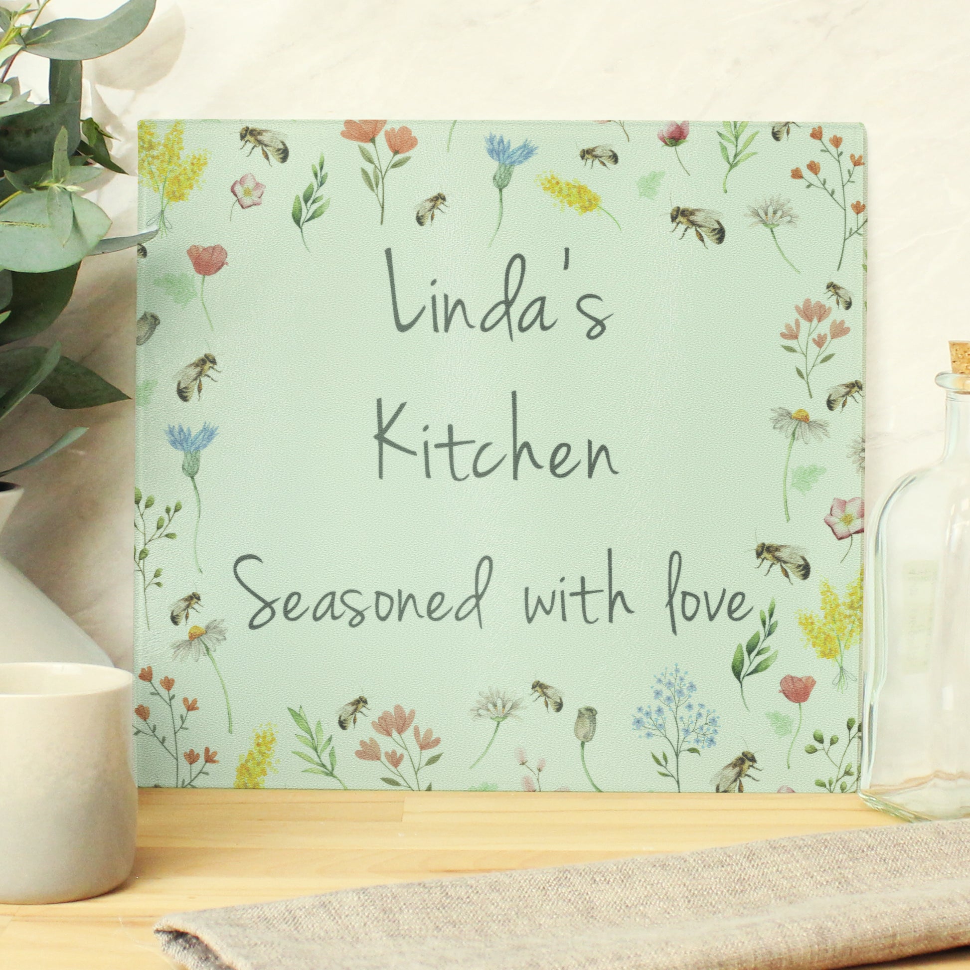 Personalised Busy Bee Glass Chopping Board/Worktop Saver - MK&JD Gifts