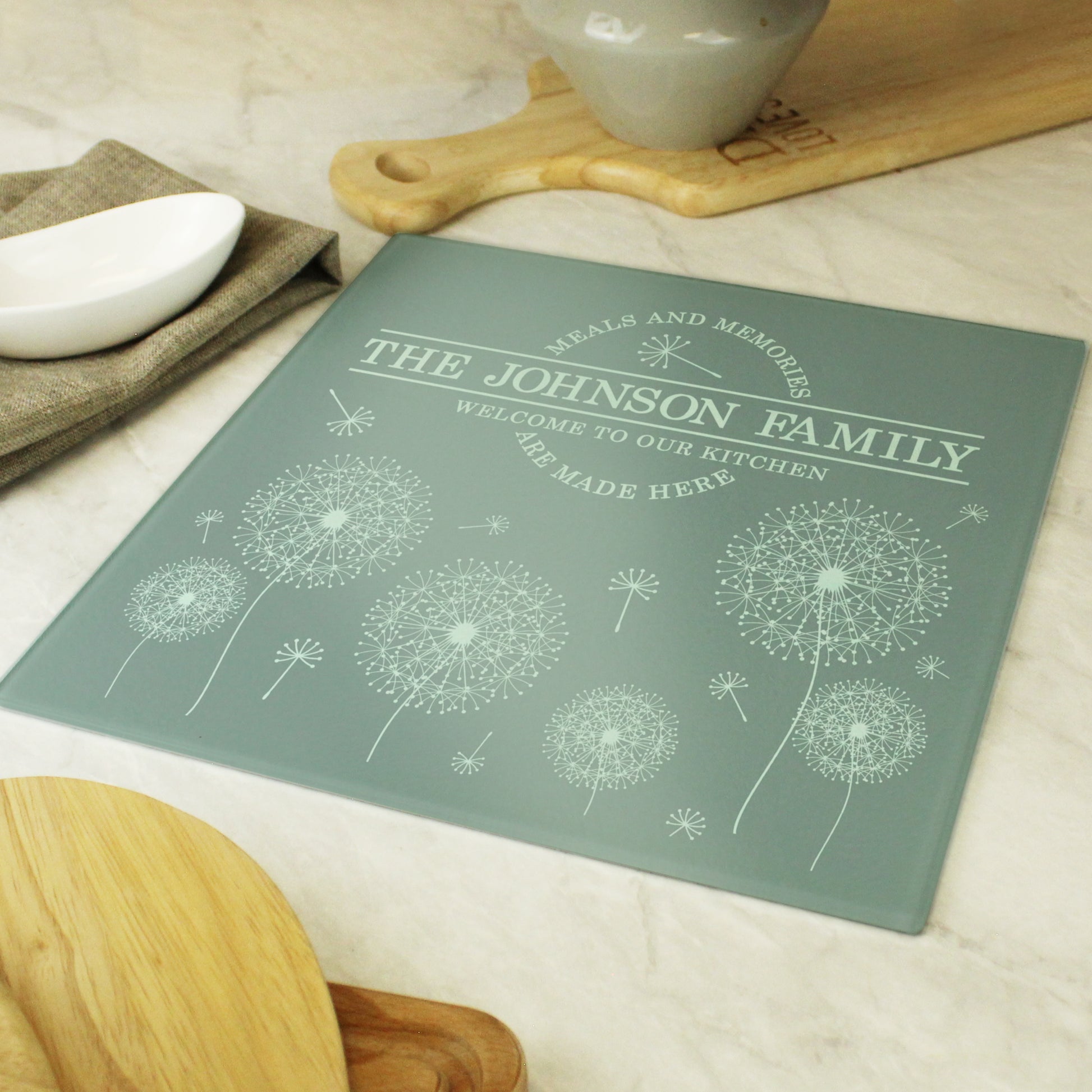 Personalised Dandelion Glass Chopping Board/Worktop Saver - MK&JD Gifts