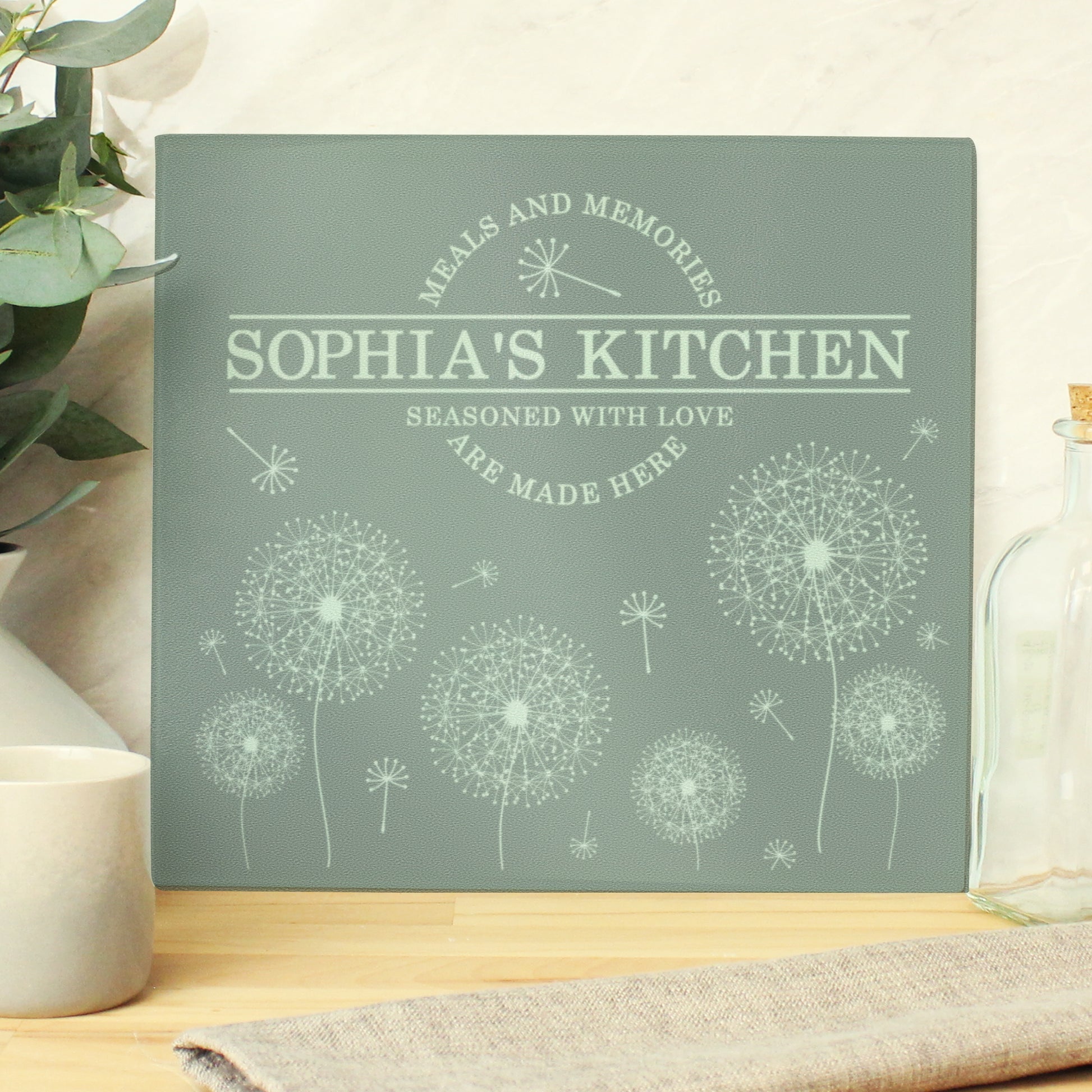 Personalised Dandelion Glass Chopping Board/Worktop Saver - MK&JD Gifts