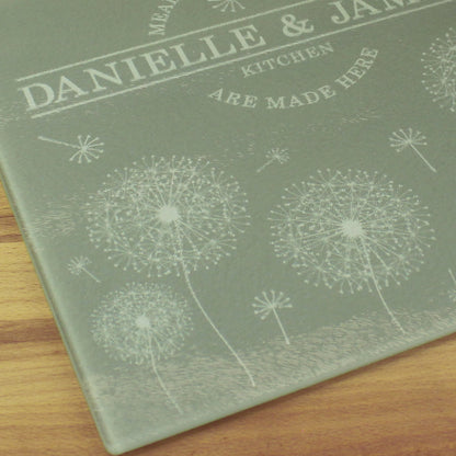 Personalised Dandelion Glass Chopping Board/Worktop Saver - MK&JD Gifts