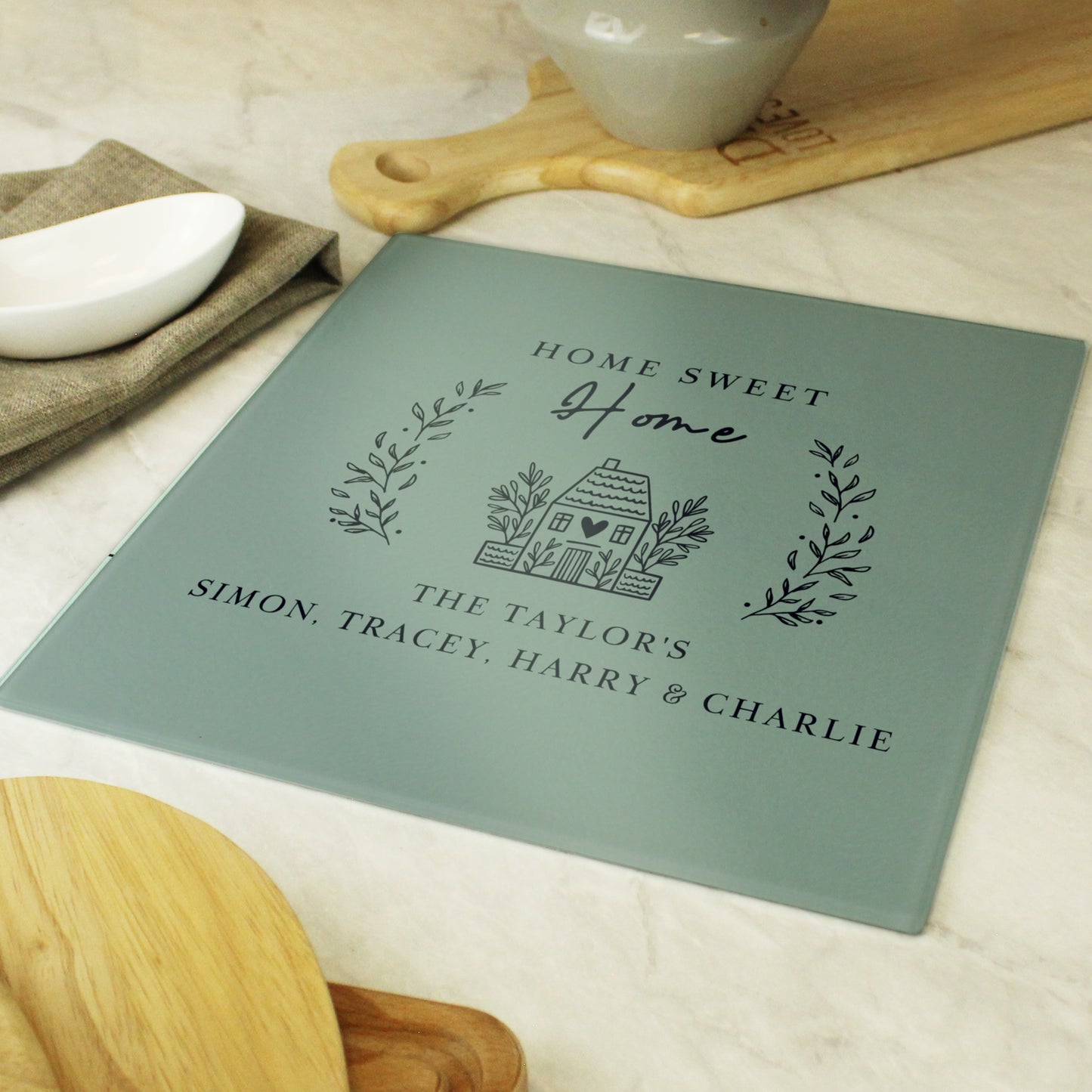 Personalised HOME Glass Chopping Board/Worktop Saver - MK&JD Gifts