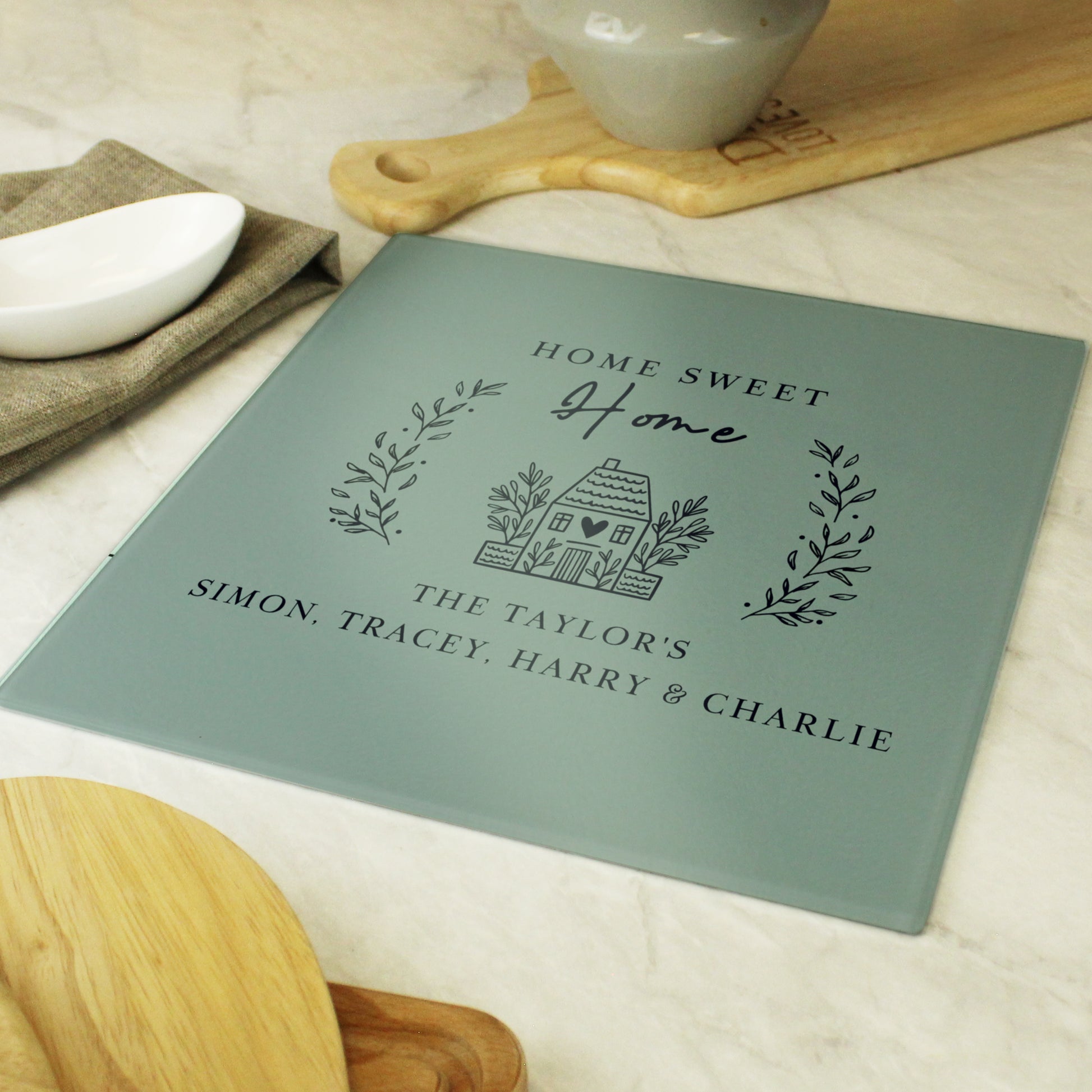 Personalised HOME Glass Chopping Board/Worktop Saver - MK&JD Gifts