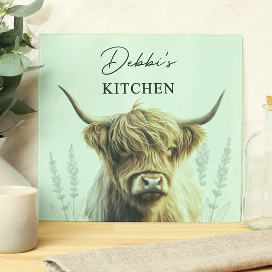 Personalised Highland Cow Glass Chopping Board - MK&JD Gifts