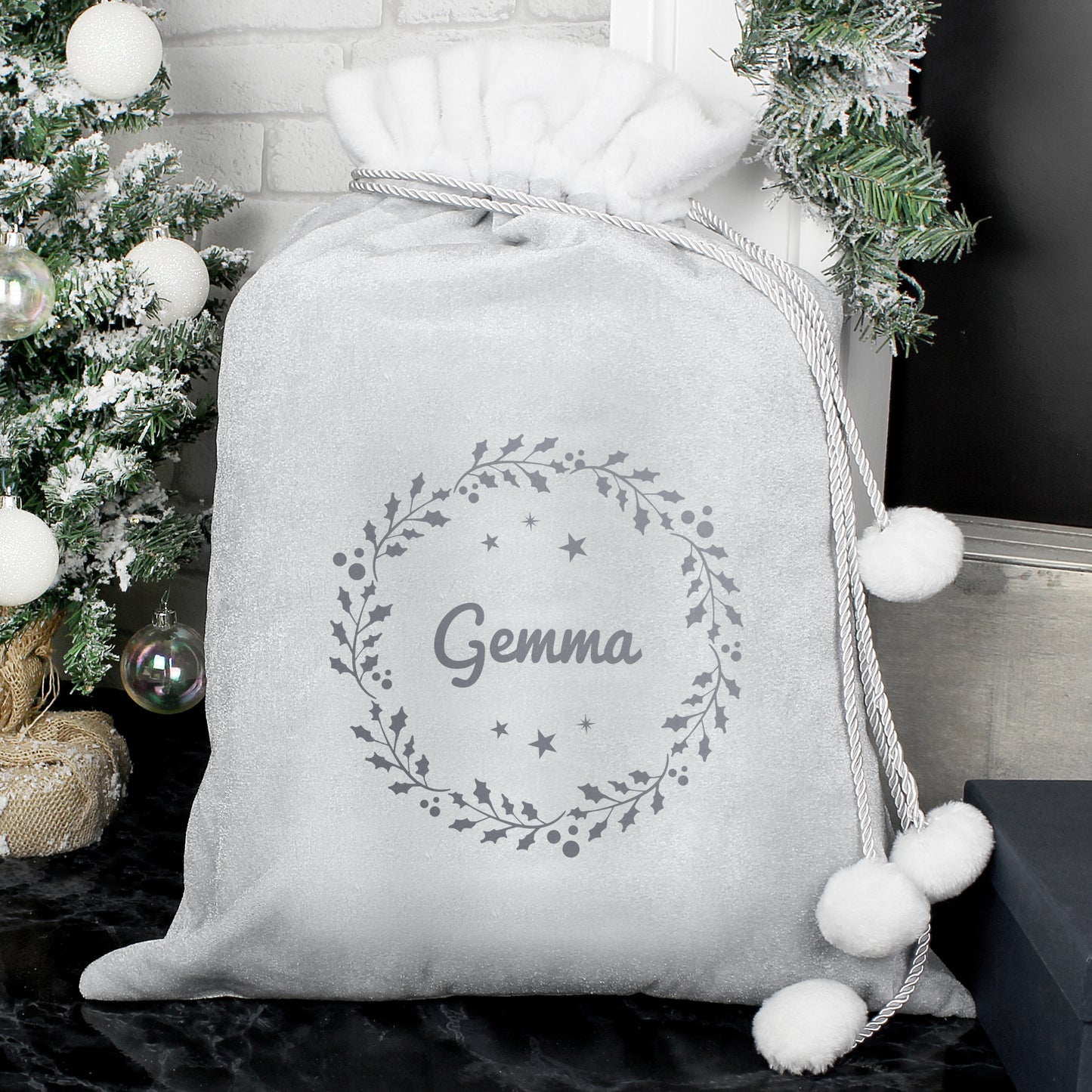 Personalised Holly Grey Christmas Sack - MK&JD Gifts