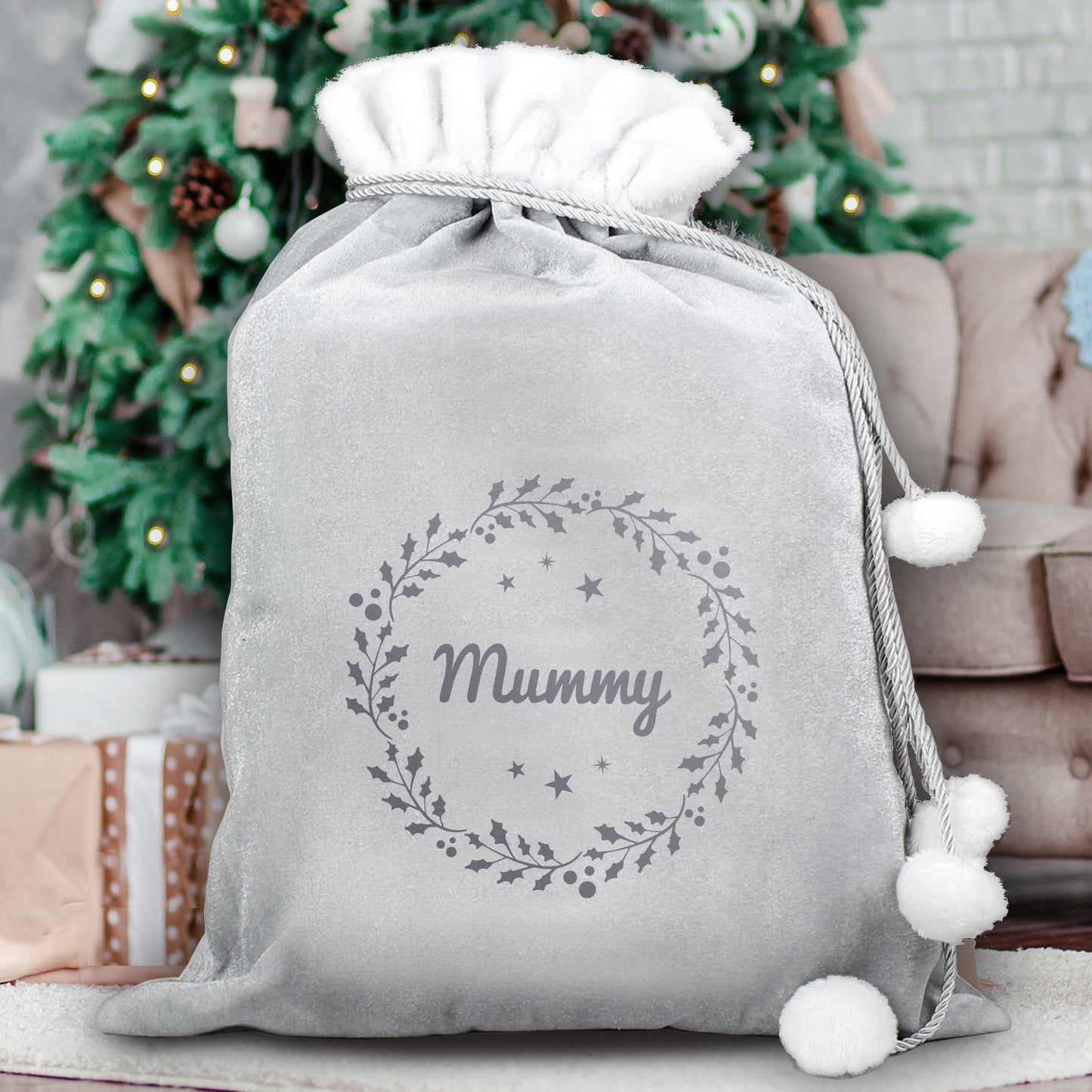 Personalised Holly Grey Christmas Sack - MK&JD Gifts