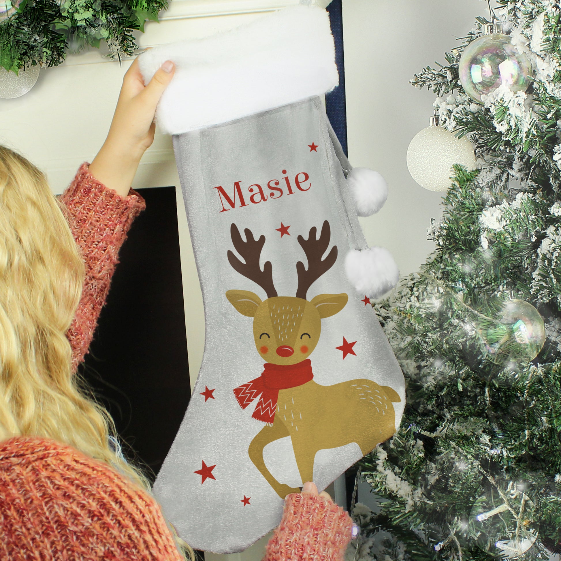 Personalised Reindeer Silver Grey Stocking - MK&JD Gifts