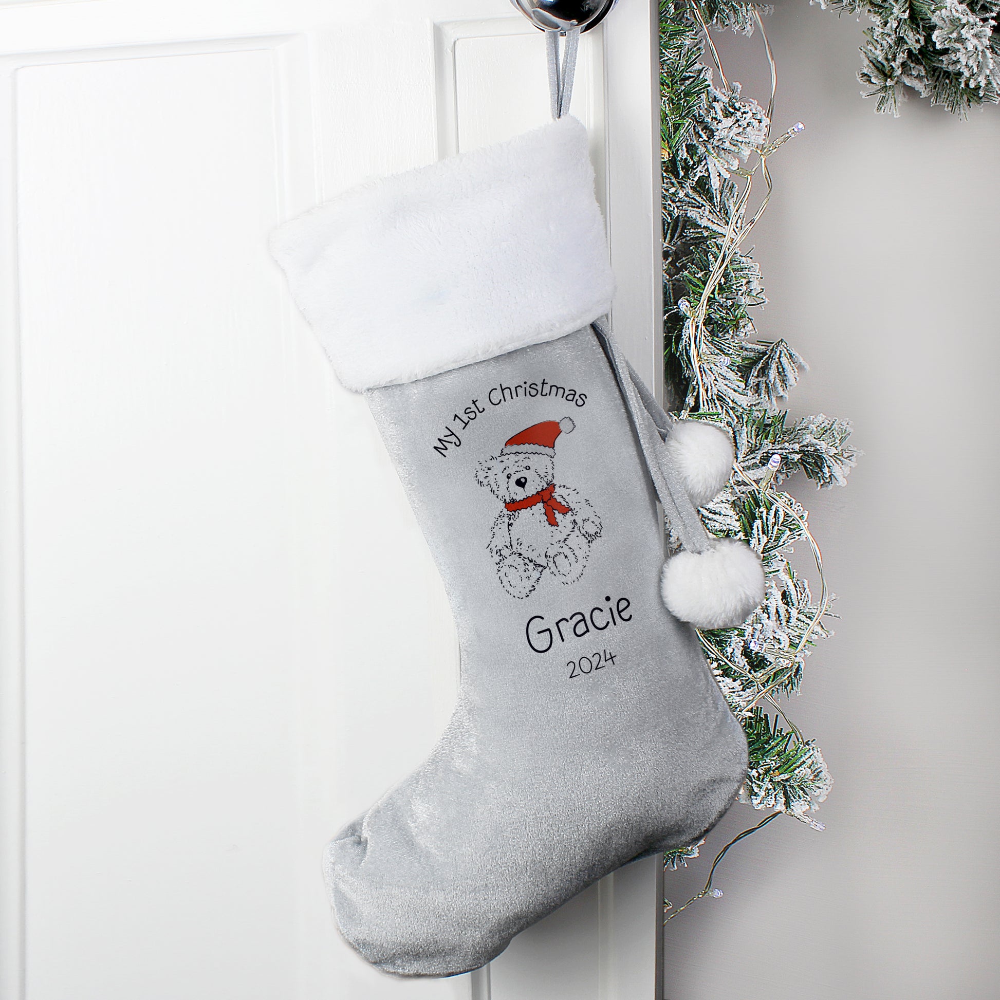 Personalised My 1st Christmas Teddy Silver Grey Stocking - MK&JD Gifts