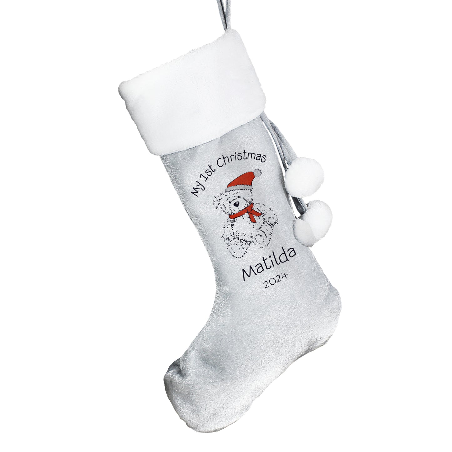 Personalised My 1st Christmas Teddy Silver Grey Stocking - MK&JD Gifts