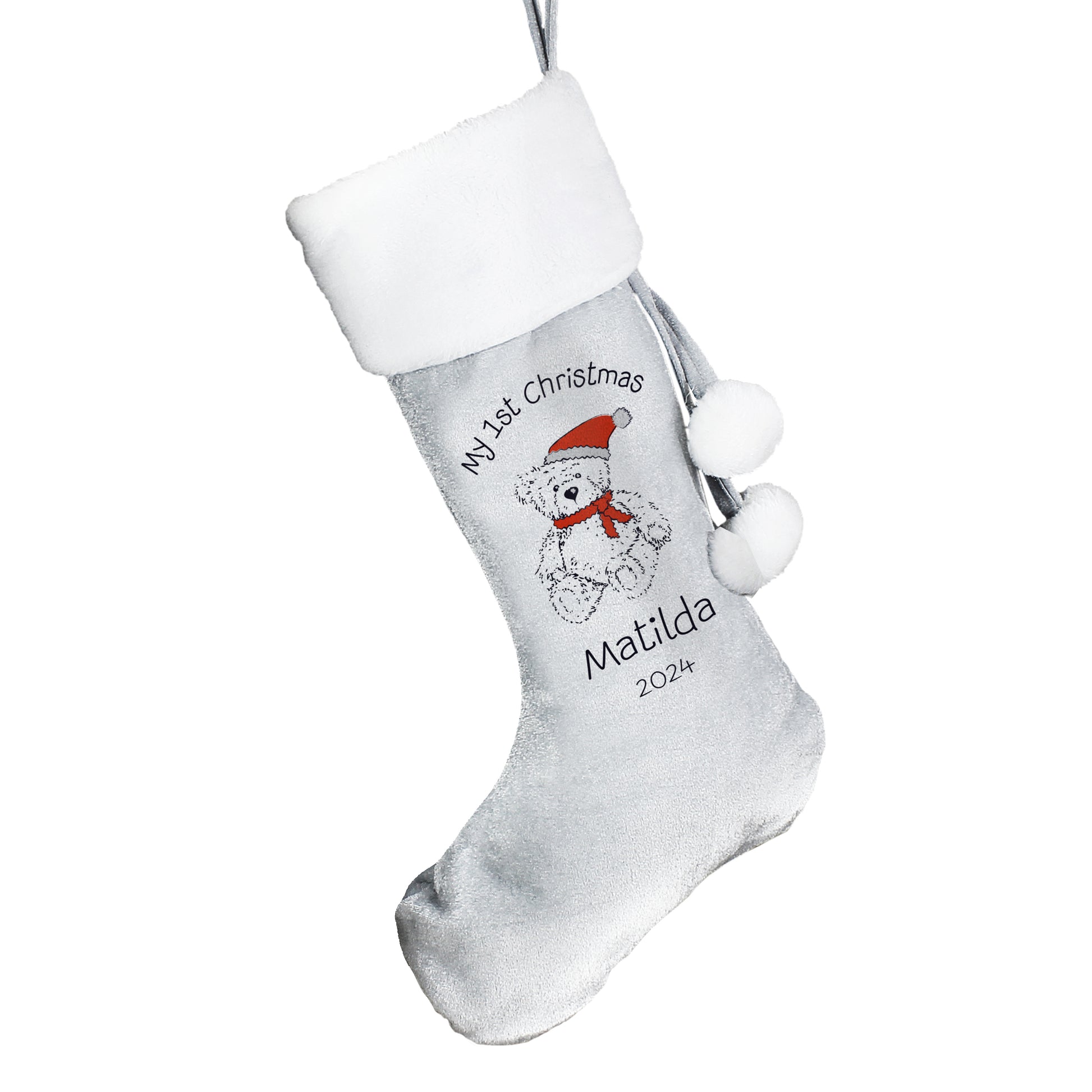 Personalised My 1st Christmas Teddy Silver Grey Stocking - MK&JD Gifts