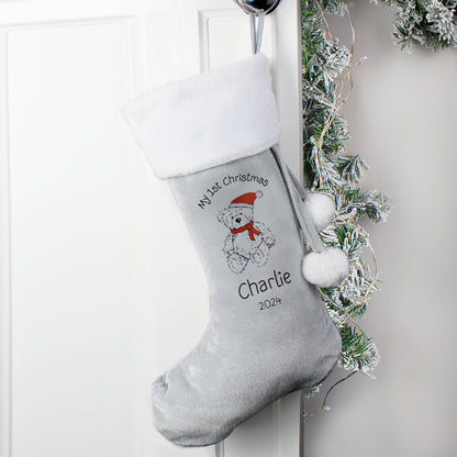 Personalised My 1st Christmas Teddy Silver Grey Stocking - MK&JD Gifts