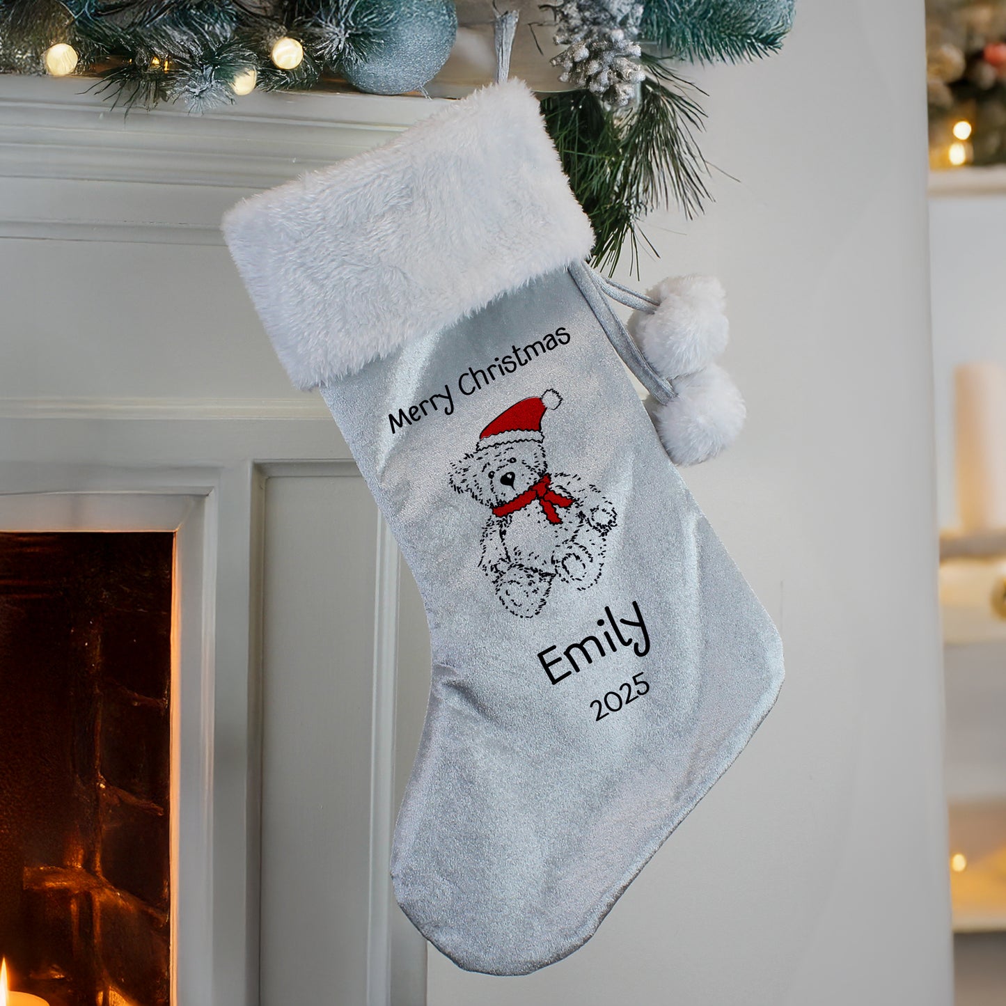 Personalised Christmas Teddy Silver Grey Stocking - MK&JD Gifts