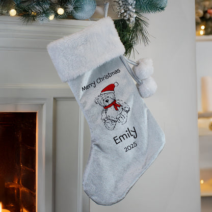 Personalised Christmas Teddy Silver Grey Stocking - MK&JD Gifts