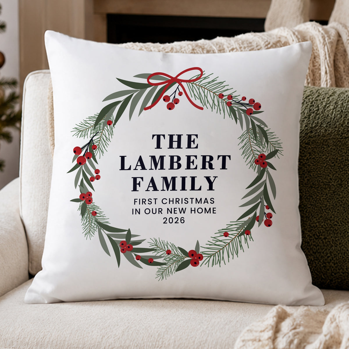Personalised Green Christmas Wreath Cushion - MK&JD Gifts