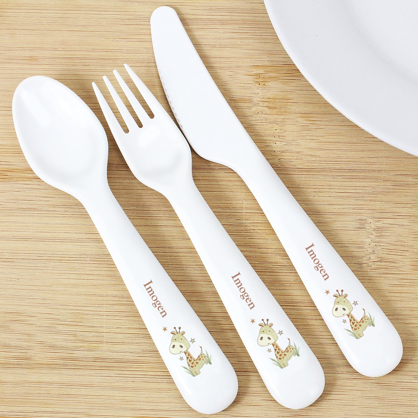 Personalised Hessian Giraffe 3 Piece Plastic Cutlery Set - MK&JD Gifts