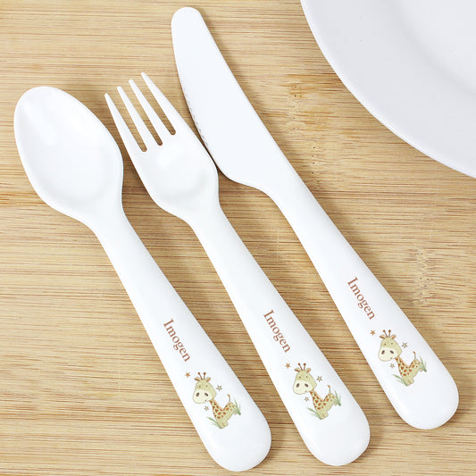 Personalised Hessian Giraffe 3 Piece Plastic Cutlery Set - MK&JD Gifts