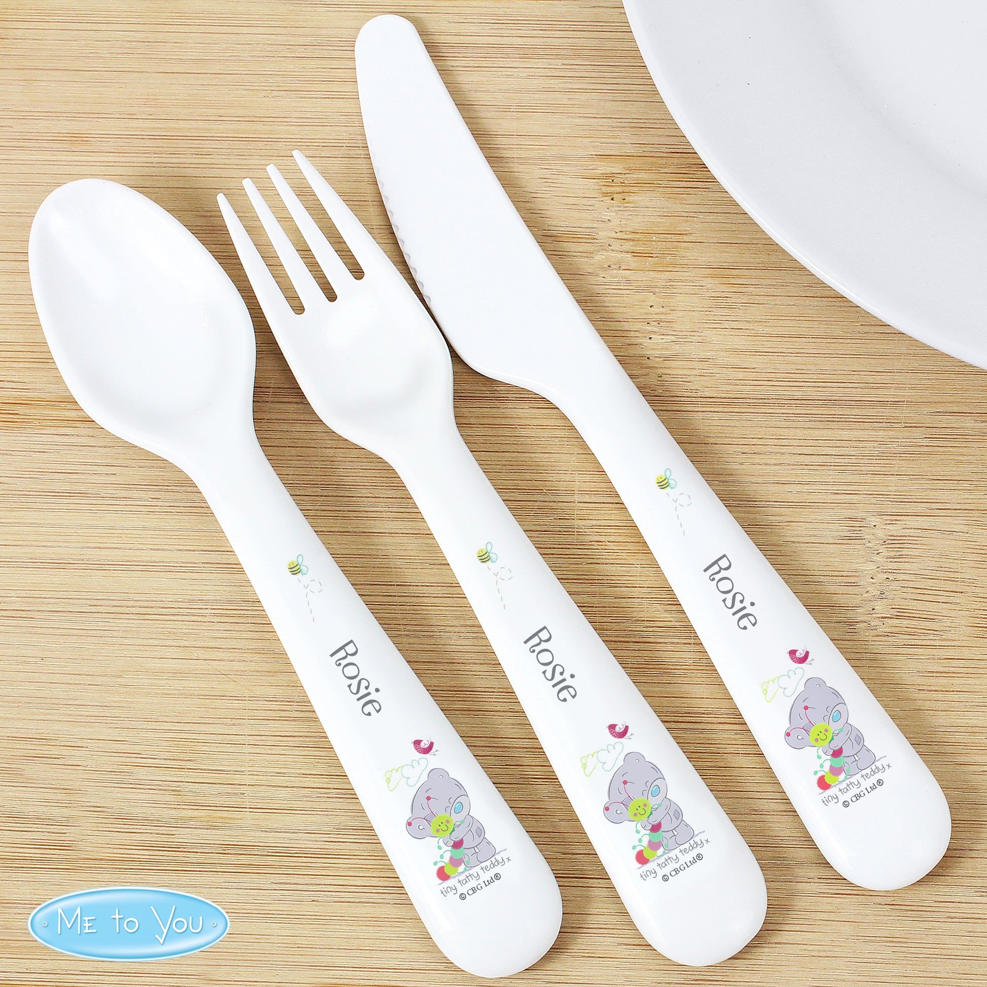 Personalised Tiny Tatty Teddy Cuddle Bug 3 Piece Plastic Cutlery Set - MK&JD Gifts