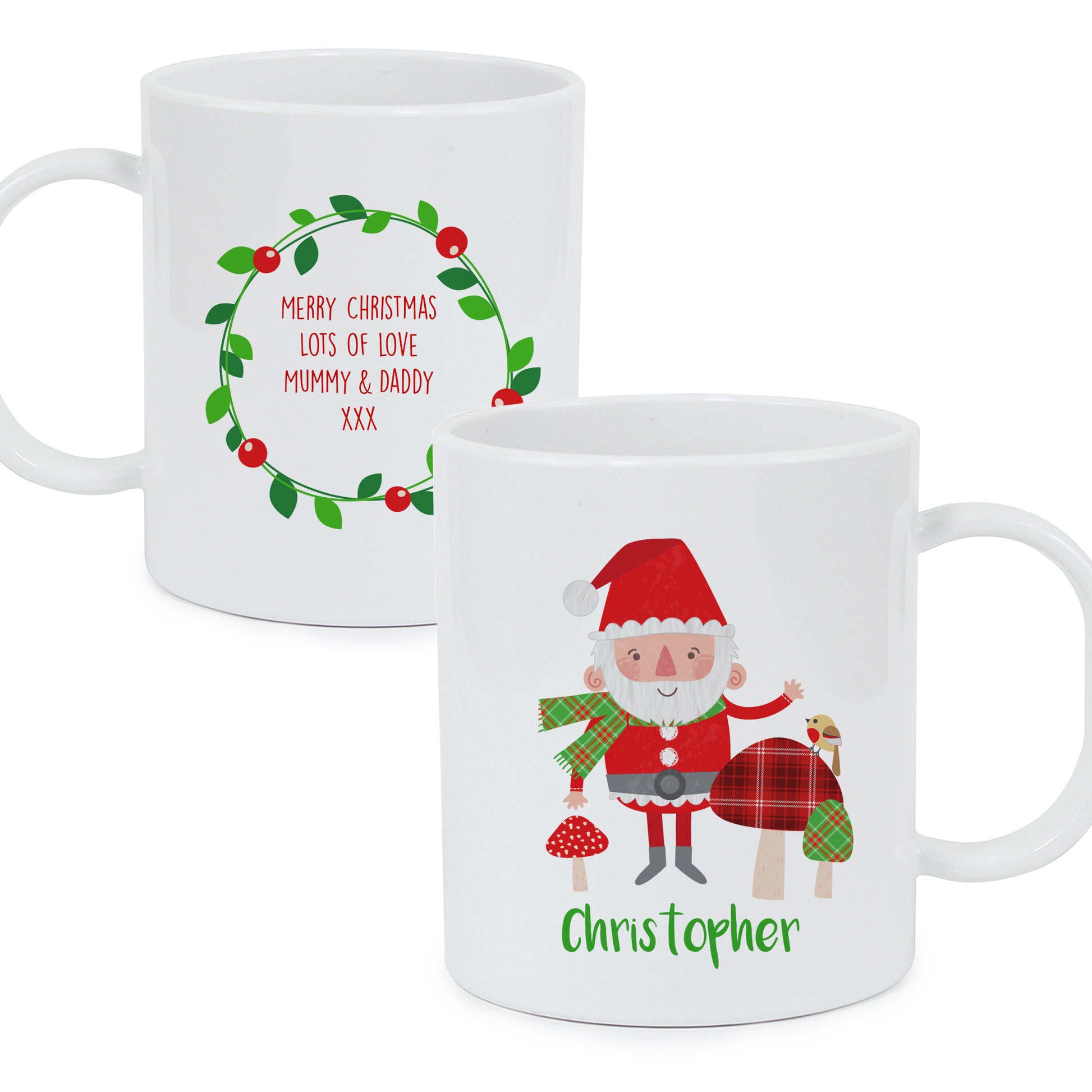 Personalised Christmas Toadstool Santa Plastic Mug - MK&JD Gifts