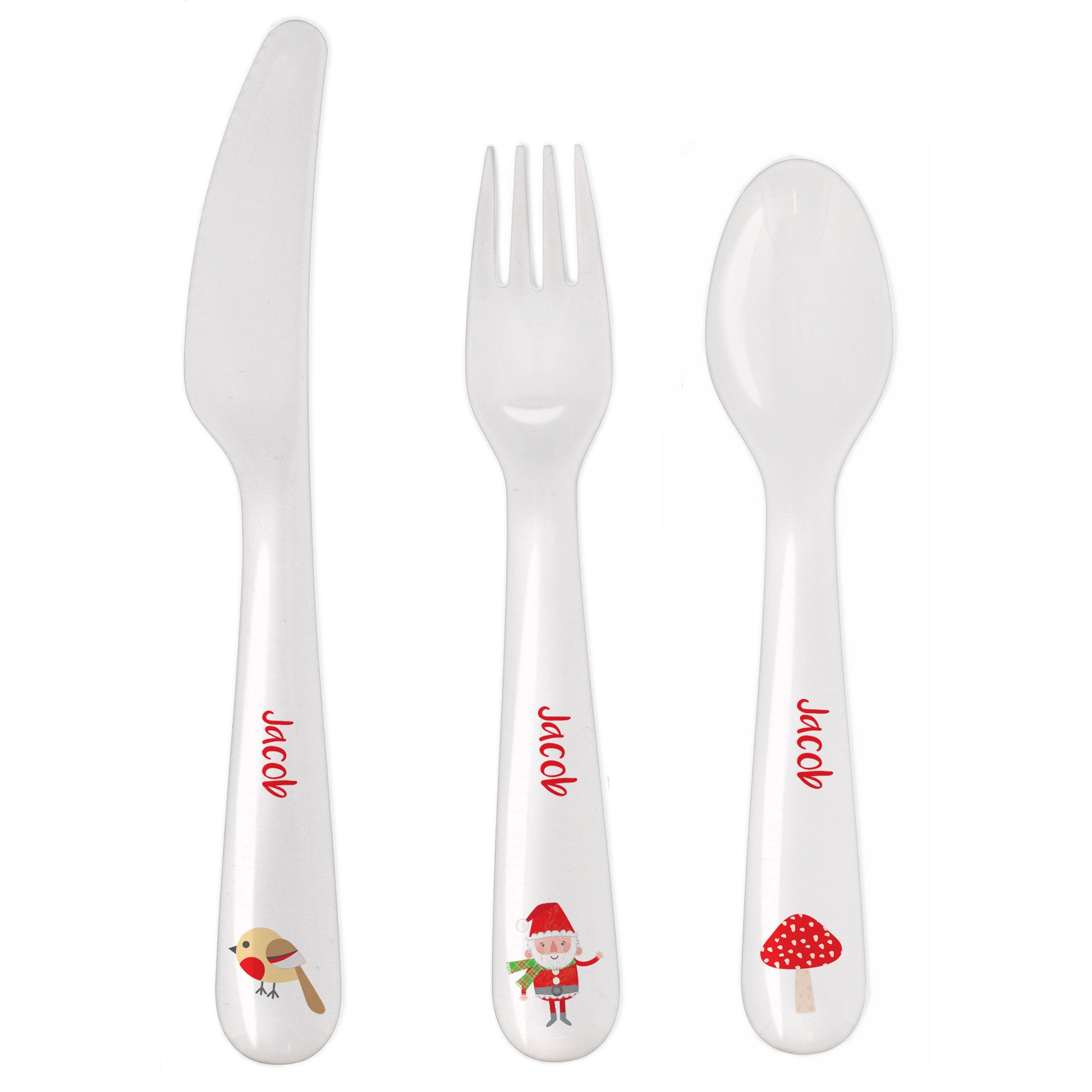 Personalised Christmas Toadstool Santa 3 Piece Plastic Cutlery Set - MK&JD Gifts