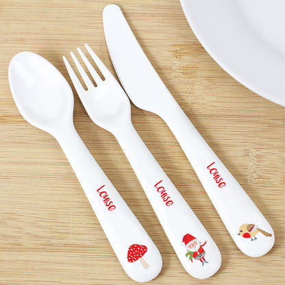 Personalised Christmas Toadstool Santa 3 Piece Plastic Cutlery Set - MK&JD Gifts