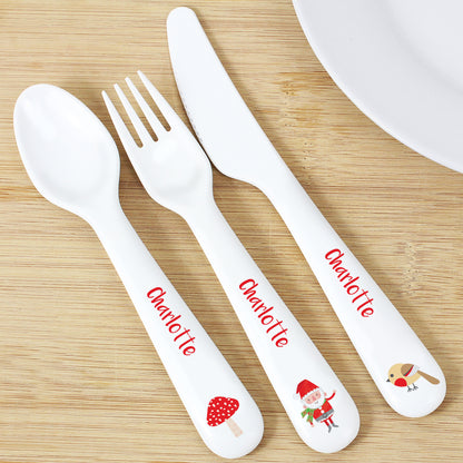 Personalised Christmas Toadstool Santa 3 Piece Plastic Cutlery Set - MK&JD Gifts
