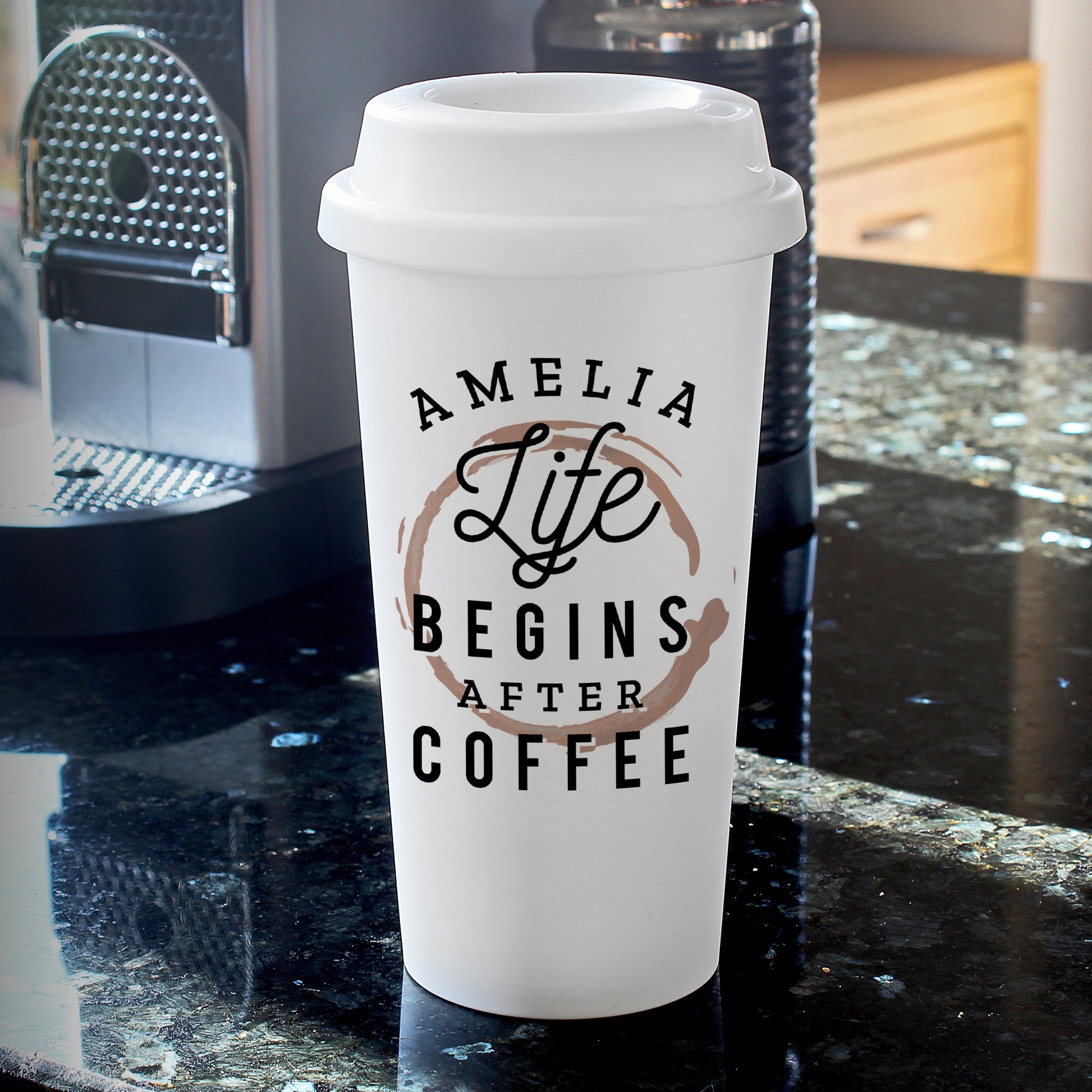 Personalised 'Life Begins After Coffee' Insulated Reusable Eco Travel Cup - MK&JD Gifts