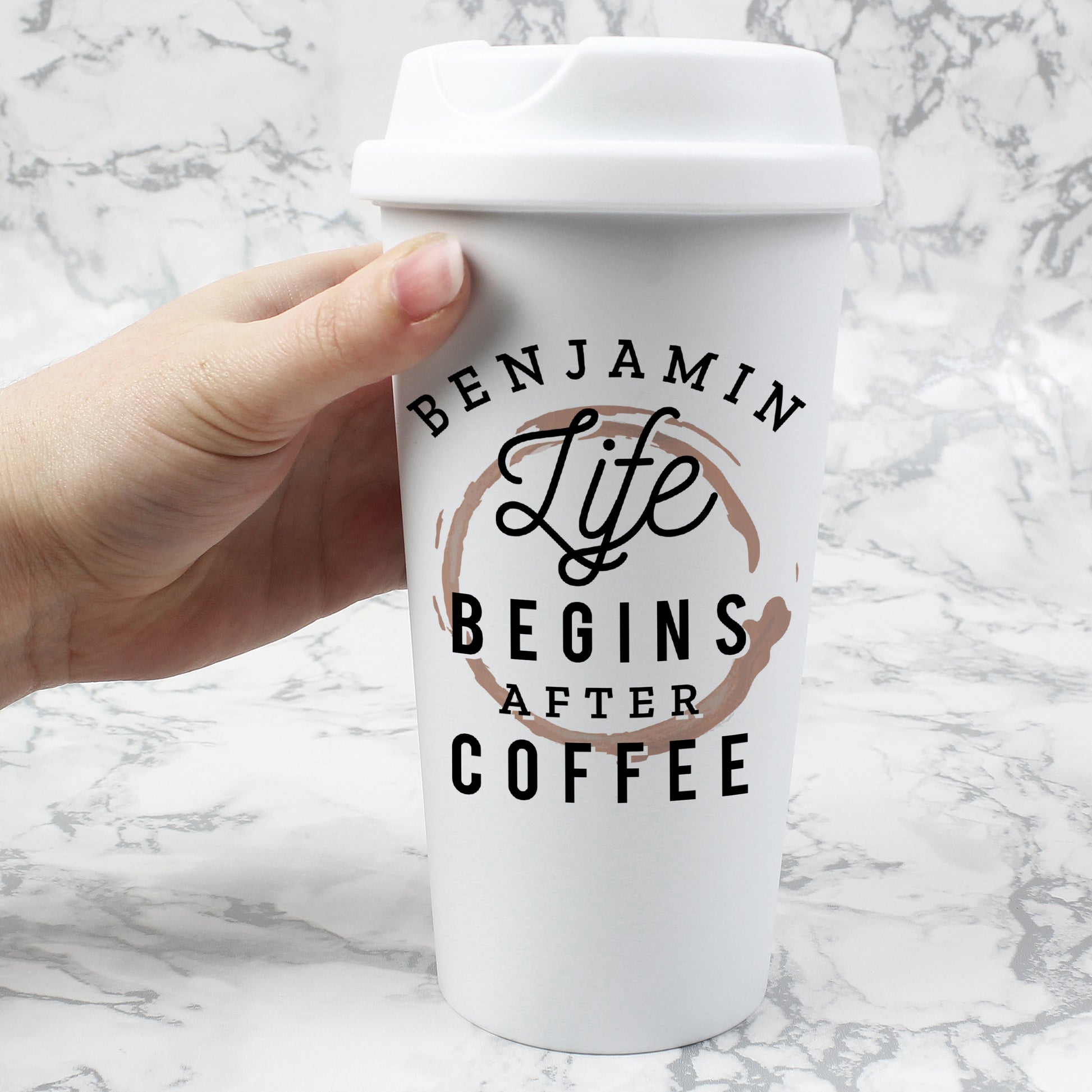 Personalised 'Life Begins After Coffee' Insulated Reusable Eco Travel Cup - MK&JD Gifts