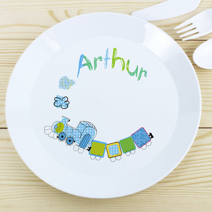 Personalised Patchwork Train Plastic Plate - MK&JD Gifts