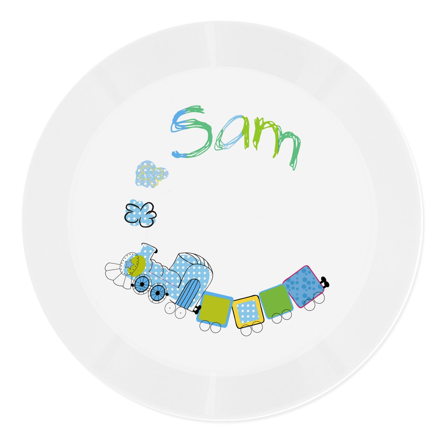 Personalised Patchwork Train Plastic Plate - MK&JD Gifts