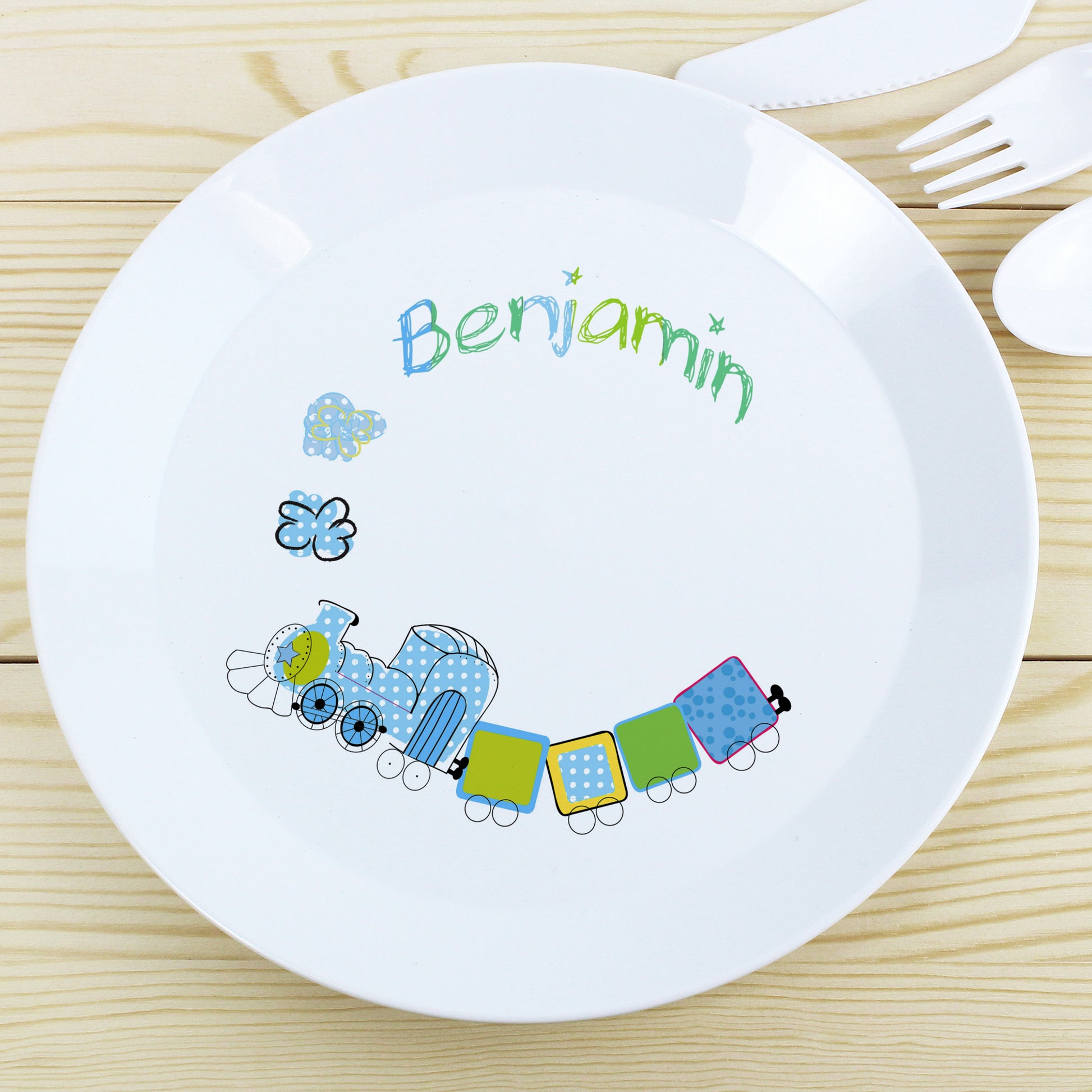Personalised Patchwork Train Plastic Plate - MK&JD Gifts