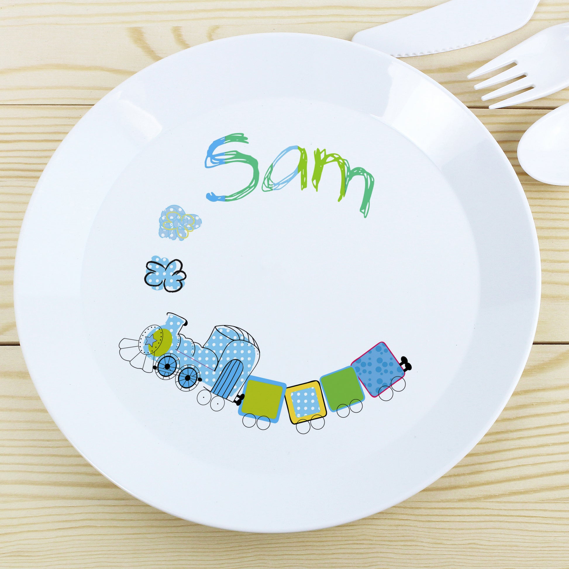Personalised Patchwork Train Plastic Plate - MK&JD Gifts