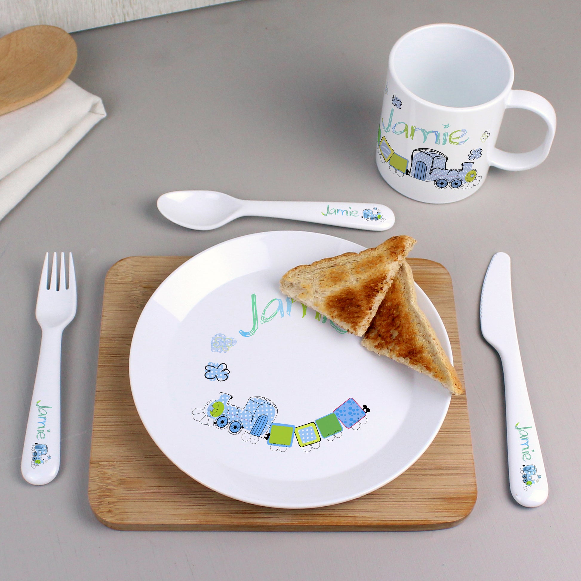 Personalised Patchwork Train Plastic Plate - MK&JD Gifts