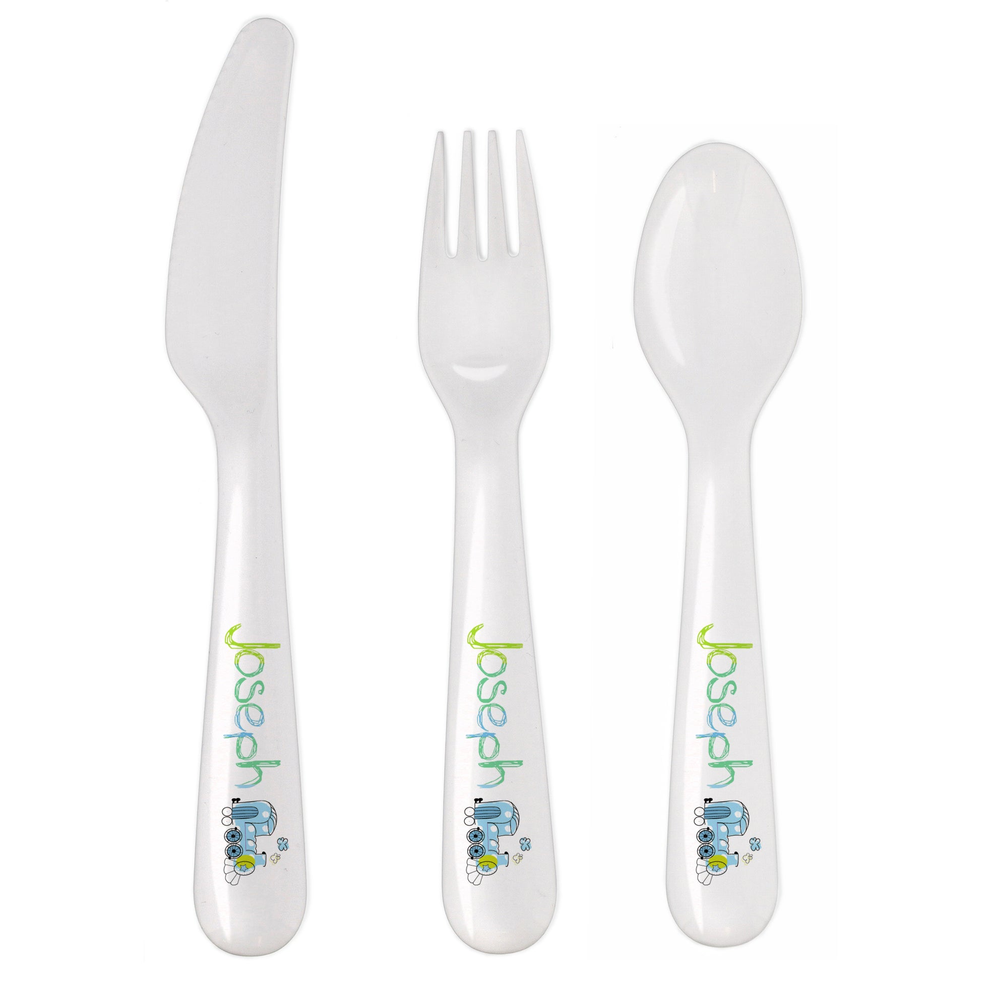 Personalised Patchwork Train 3 Piece Plastic Cutlery Set - MK&JD Gifts