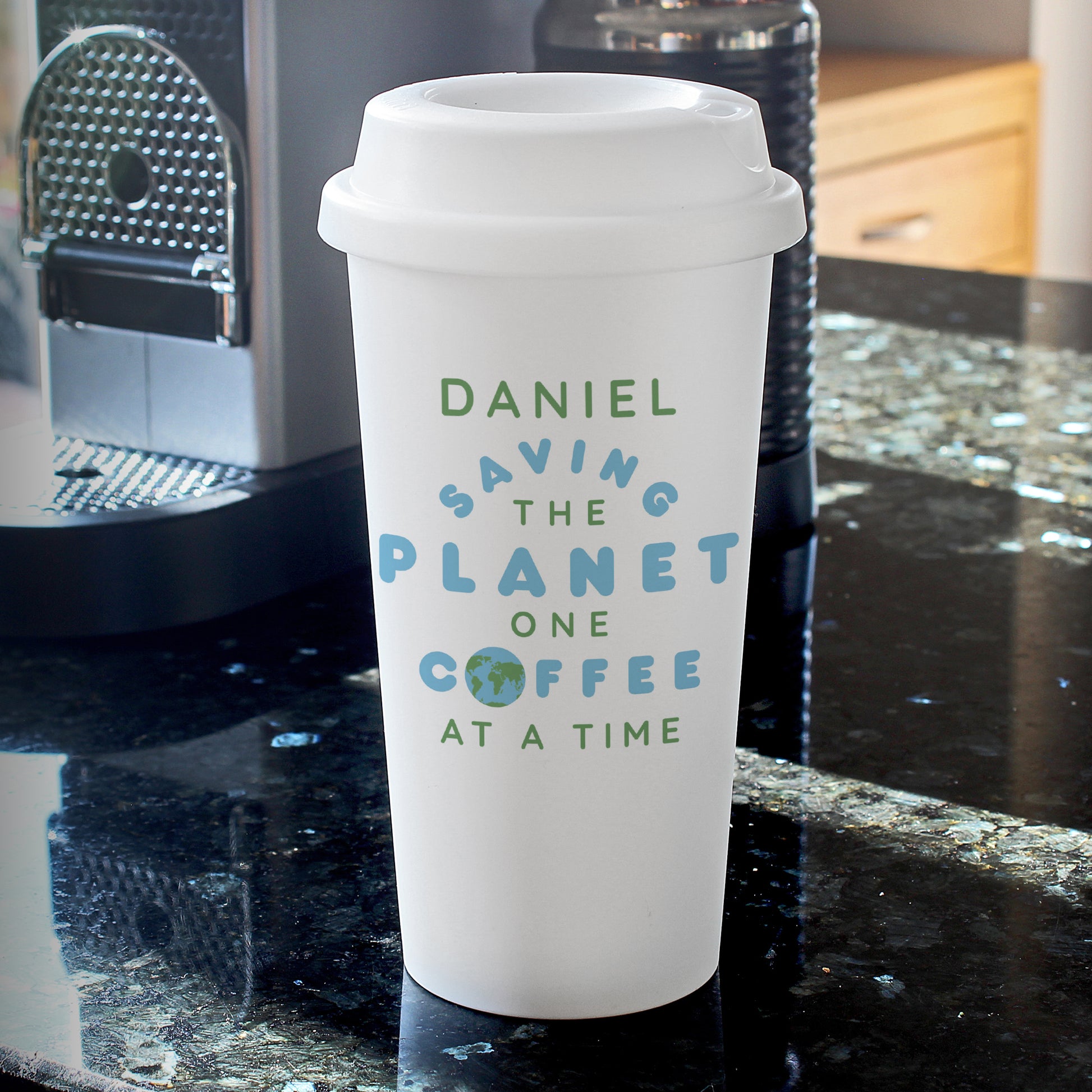 Personalised 'Saving the Planet' Insulated Reusable Eco Travel Cup - MK&JD Gifts