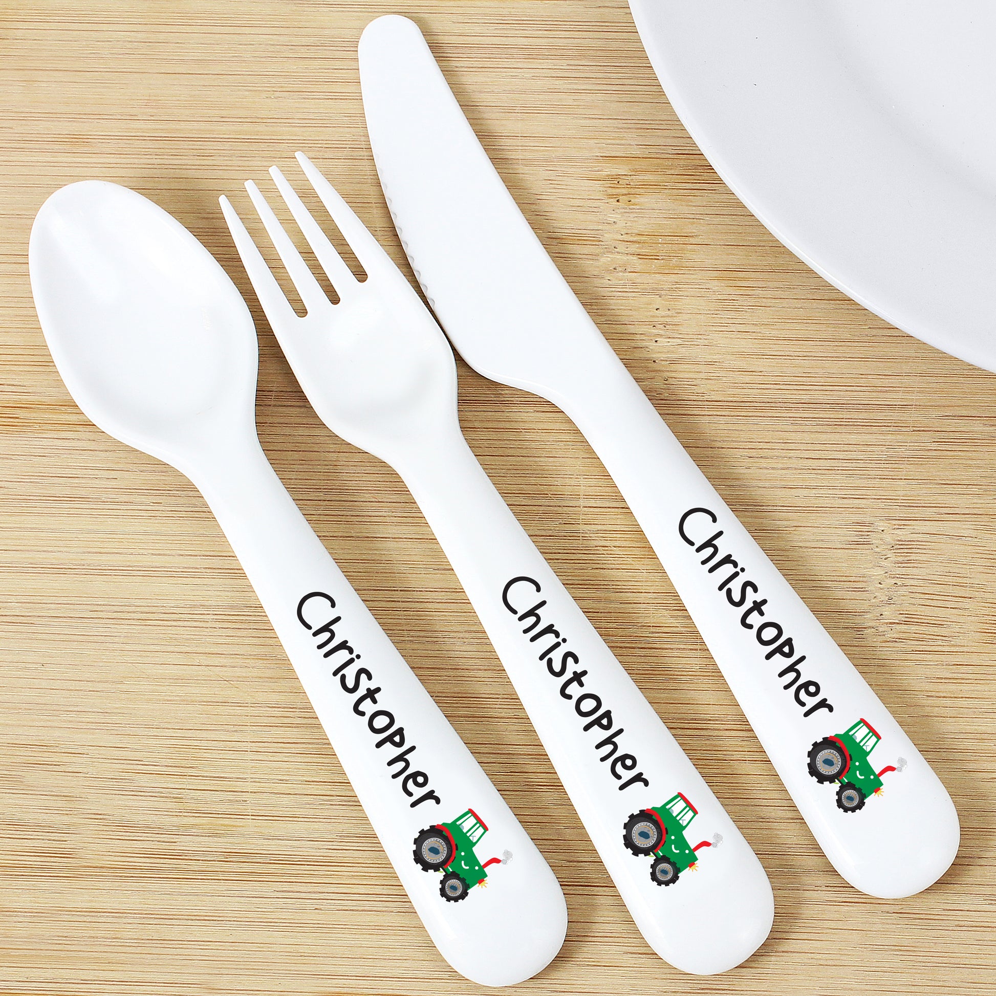 Personalised Tractor 3 Piece Plastic Cutlery Set - MK&JD Gifts